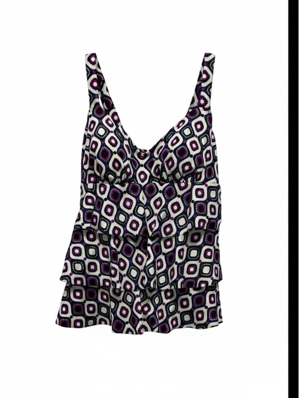 NWT Swim Solutions White, Geometric Ruffle Tankini Top